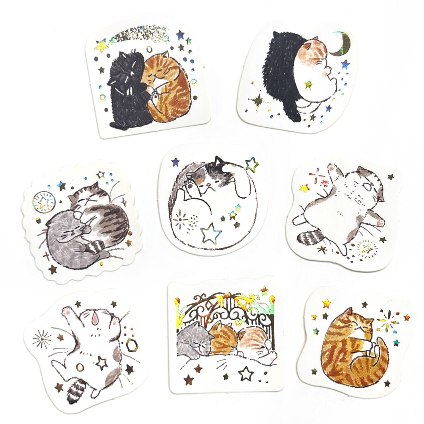 Sleeping Cats Japanese Washi Stickers Pack with Matte Gold Foil Accents