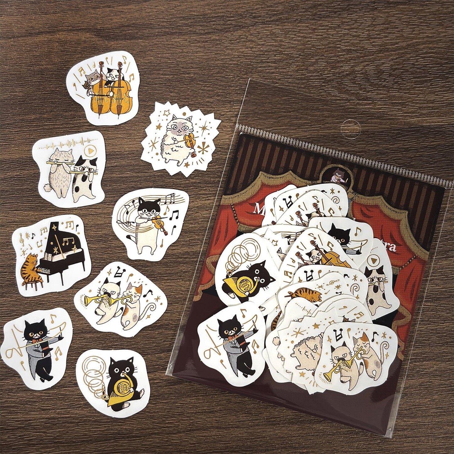 Meowphonic Orchestra Japanese Washi Stickers Pack with Matte Gold Foil Accents
