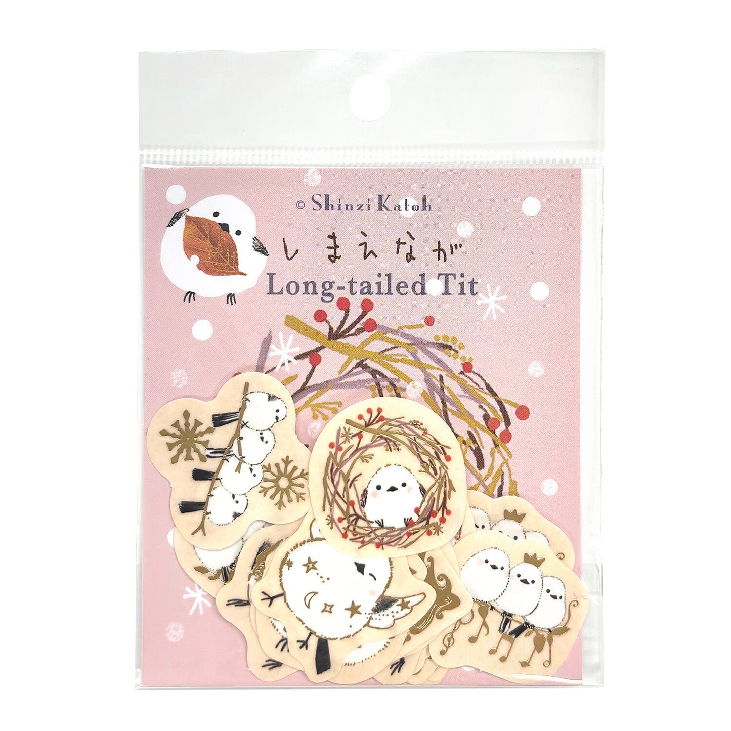 Long-tailed Tit Japanese Washi Stickers Pack with Matte Gold Foil Accents