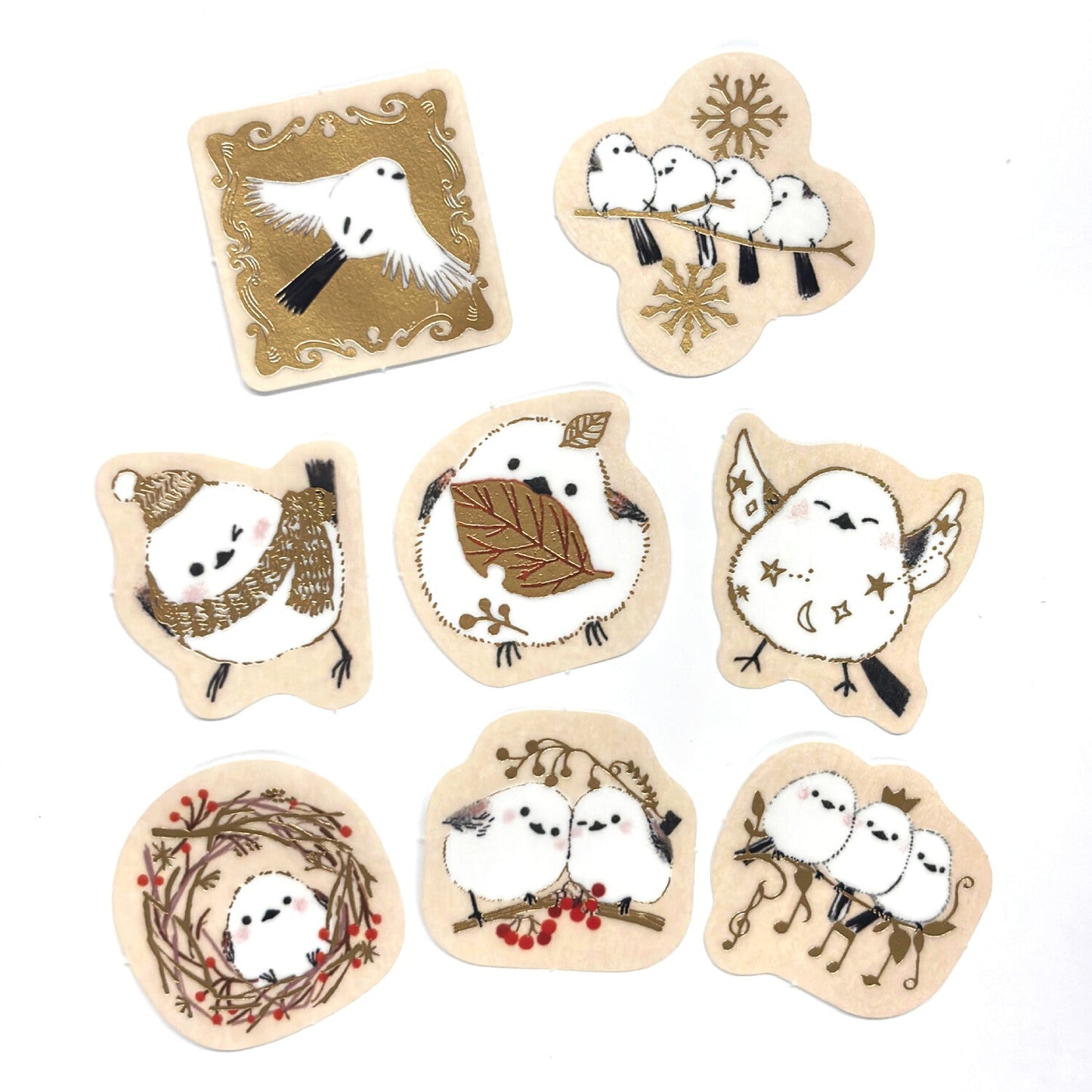 Long-tailed Tit Japanese Washi Stickers Pack with Matte Gold Foil Accents
