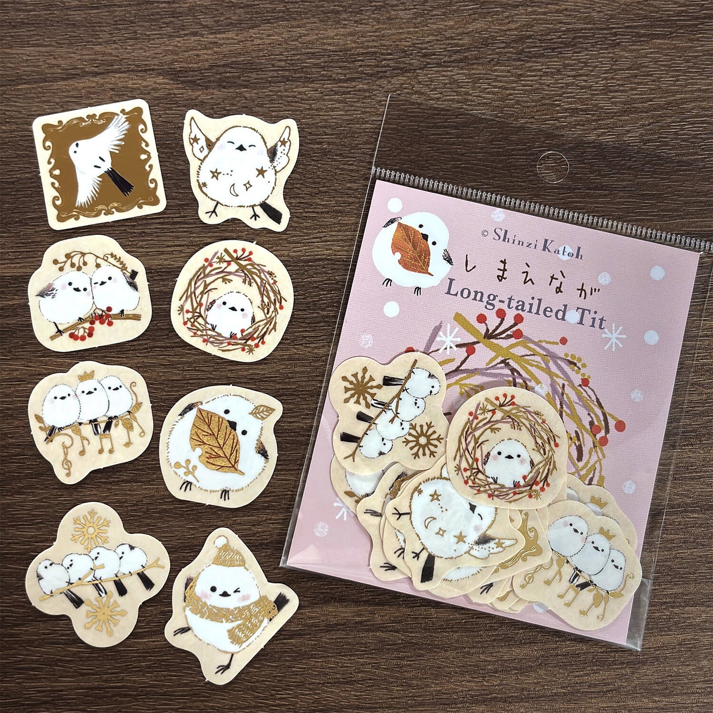 Long-tailed Tit Japanese Washi Stickers Pack with Matte Gold Foil Accents