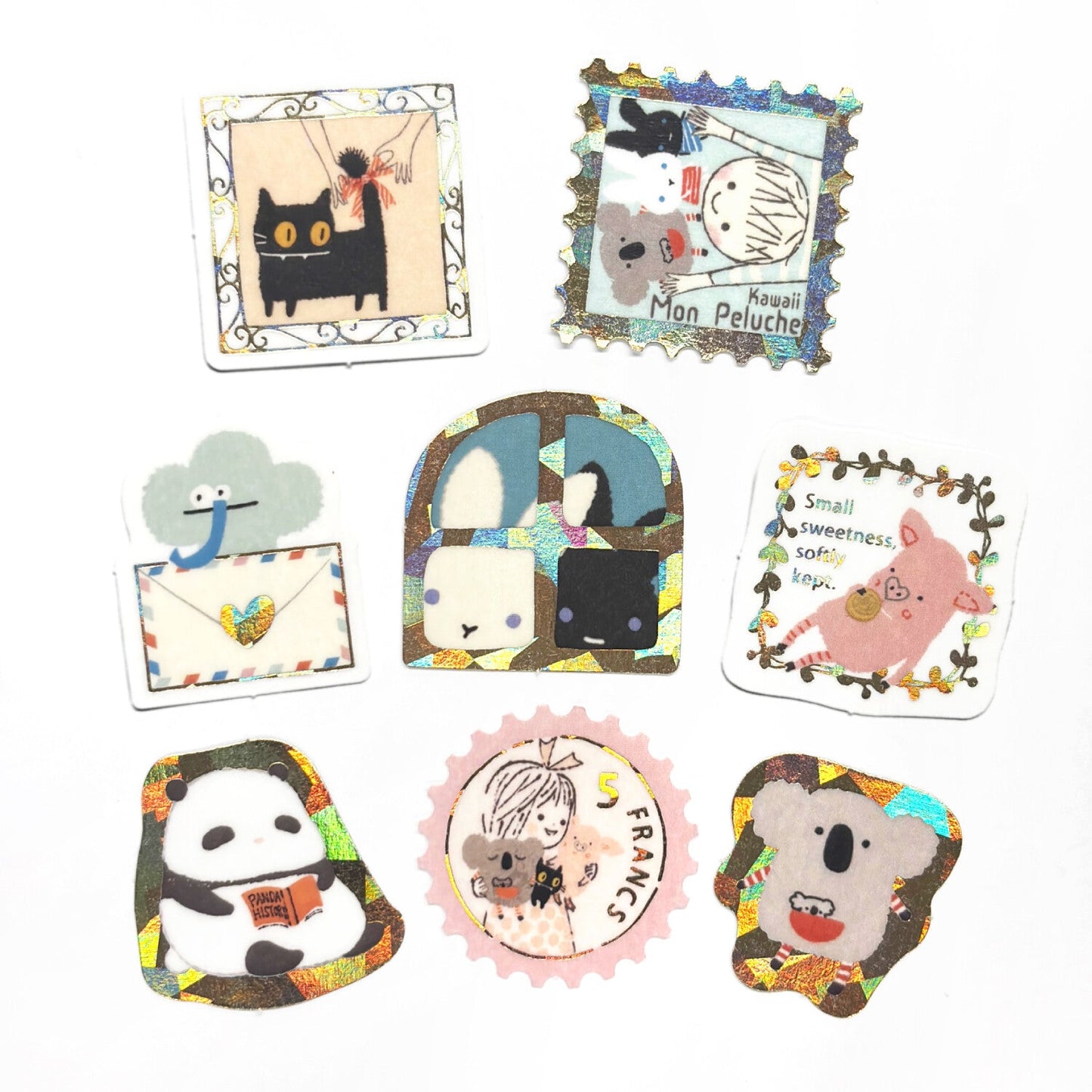Kawaii Mon Peluche Japanese Washi Stickers Pack with Matte Gold Foil Accents