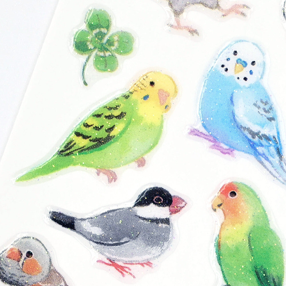 Bird Stickers with Glitter Accent Lovebird Cockatiel Budgie Java Sparrow Zebra Finch