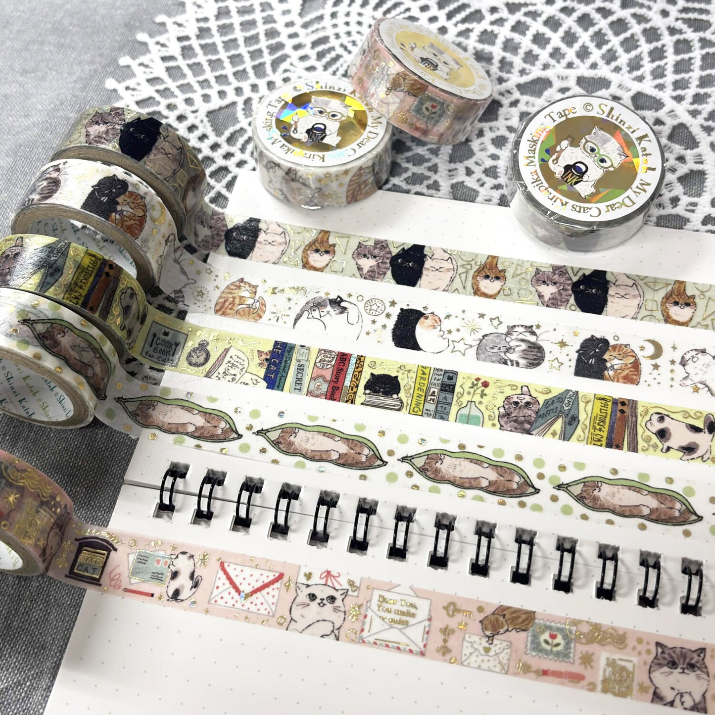 Cat Letters My Dear Cats Japanese Washi Masking Tape with Gold Foil Accents - Set of 2 Shinzi Katoh Design