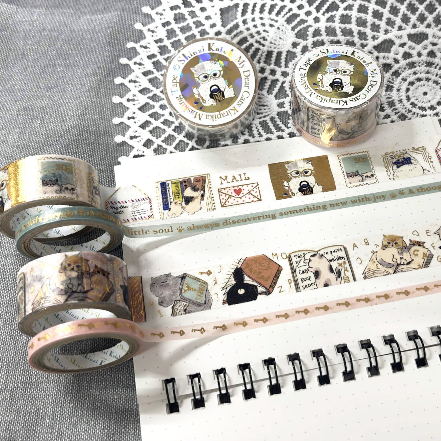 Cat Letters My Dear Cats Japanese Washi Masking Tape with Gold Foil Accents - Set of 2 Shinzi Katoh Design