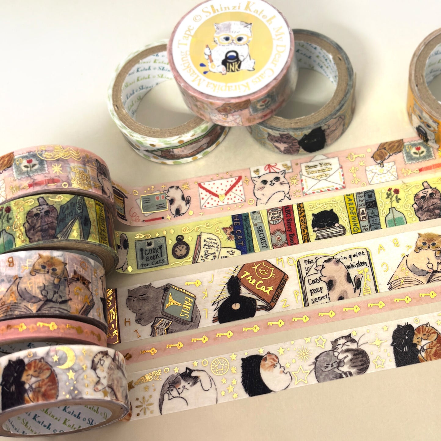Cat Letters My Dear Cats Japanese Washi Masking Tape with Gold Foil Accents - Set of 2 Shinzi Katoh Design