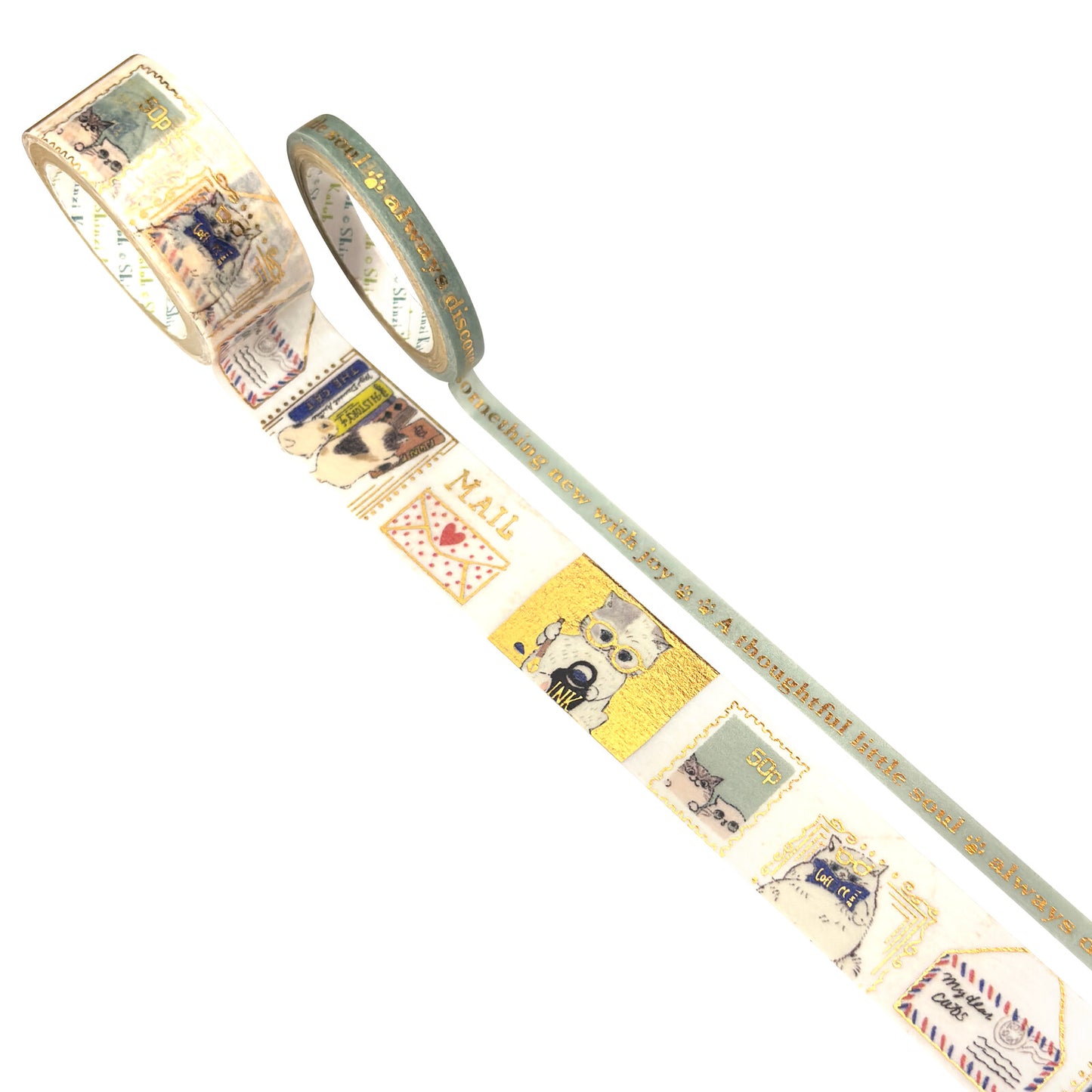 Cat Letters My Dear Cats Japanese Washi Masking Tape with Gold Foil Accents - Set of 2 Shinzi Katoh Design