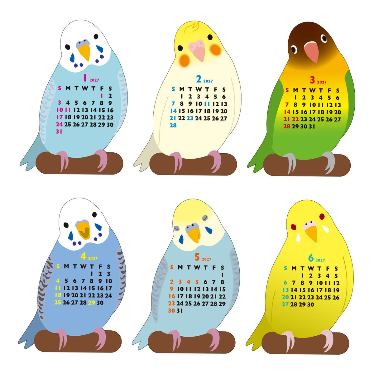2027 Die Cut Calendar Lovebird Budgie Cockatiel Mini Size Stand Type　