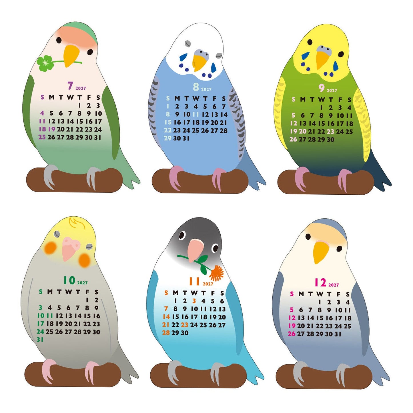 2027 Die Cut Calendar Lovebird Budgie Cockatiel Mini Size Stand Type　