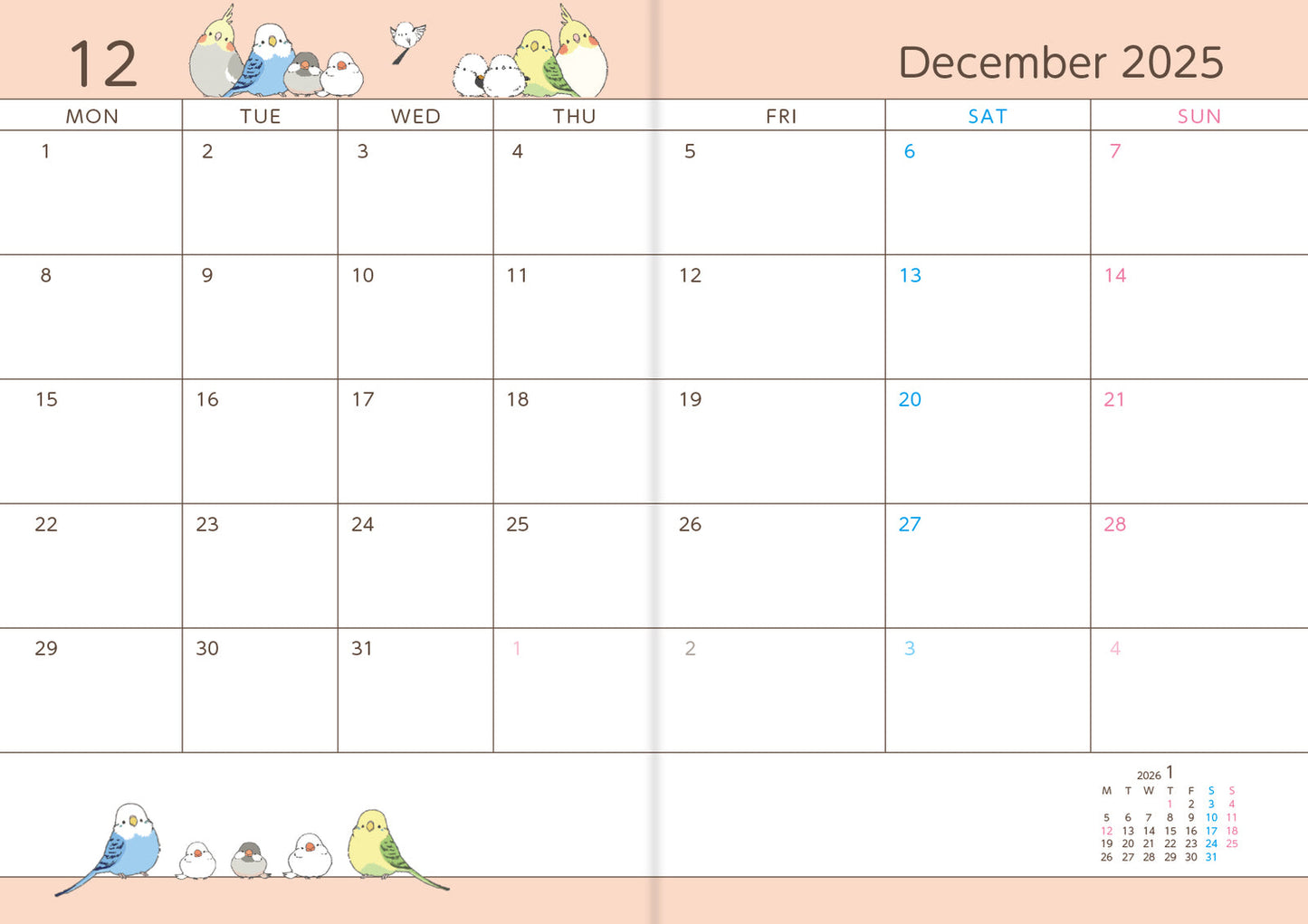 2026 Long-tailed Tit Budgie Java Sparrow Cockatiel Planner Diary Schedule Book A6 size (December 2025 Start)