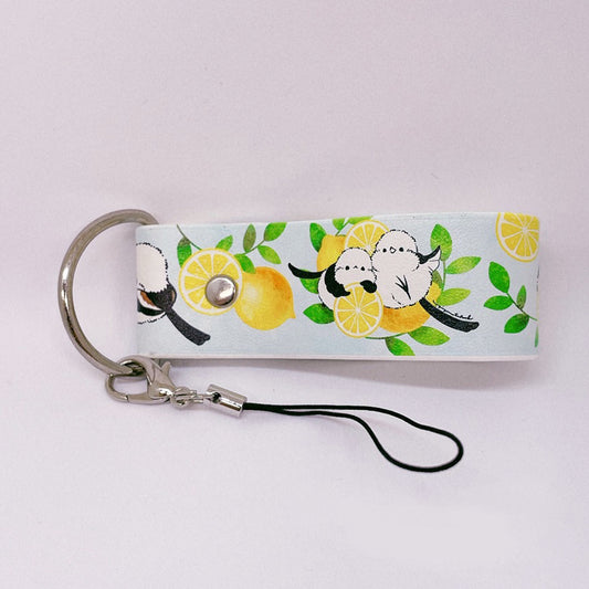 Long-tailed Tit and Lemon PU Leather Keychain Strap