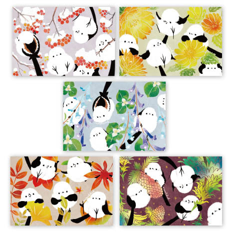Long-tailed Tits & Hokkaido Wildflowers Postcards Autumn & Winter Set of 5