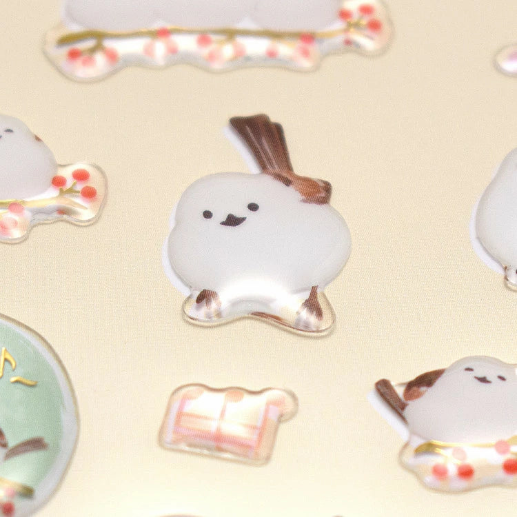 Long-tailed Tit Epoxy Stickers with Gold Accent