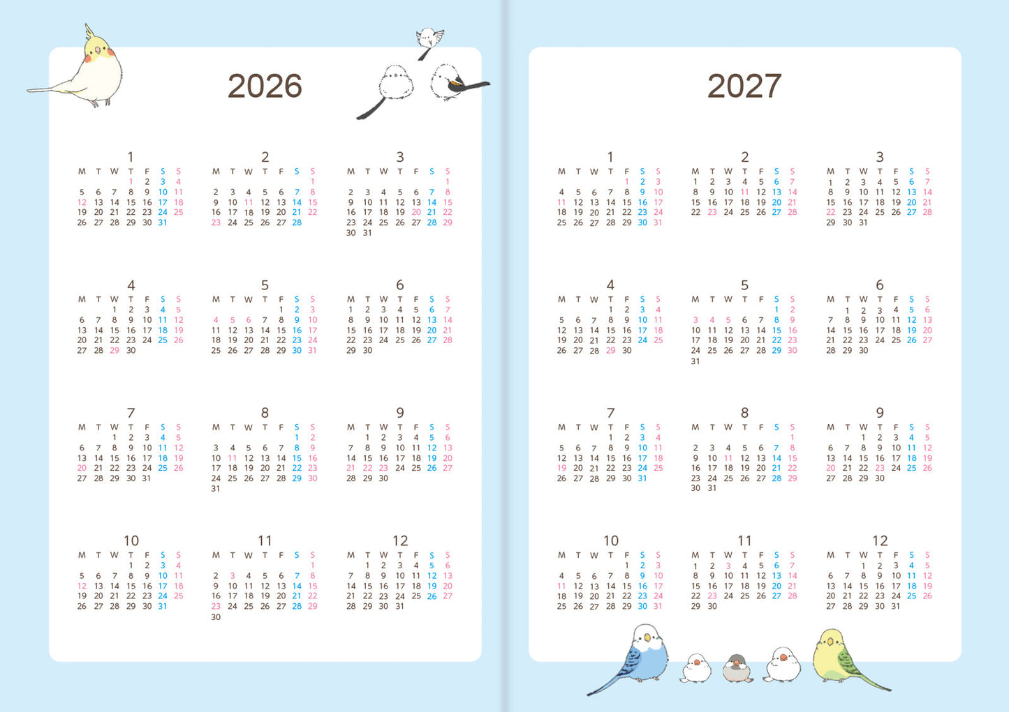 2026 Long-tailed Tit Budgie Java Sparrow Cockatiel Planner Diary Schedule Book A6 size (December 2025 Start)