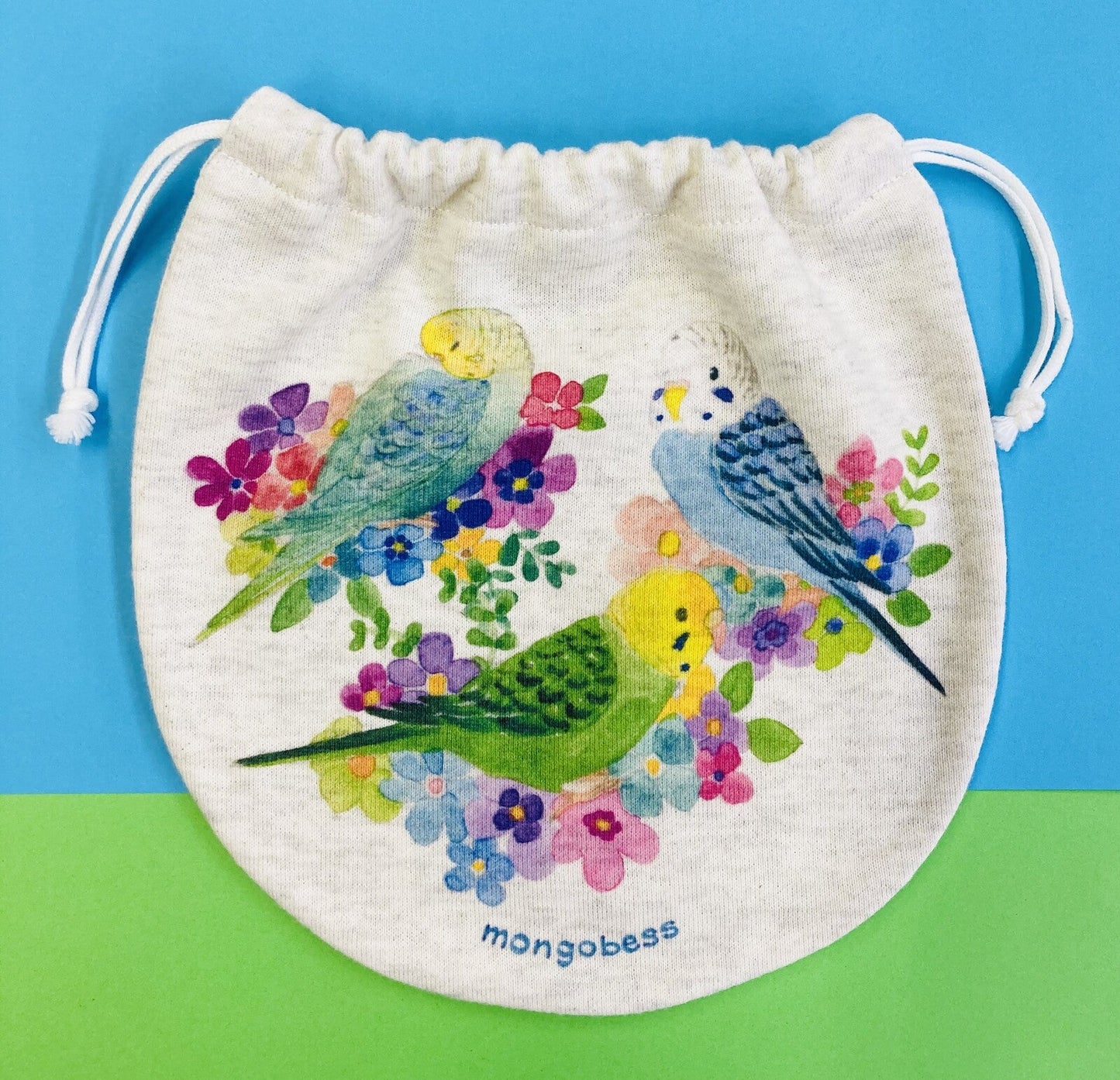 Budgie & Flower Drawstring Bag