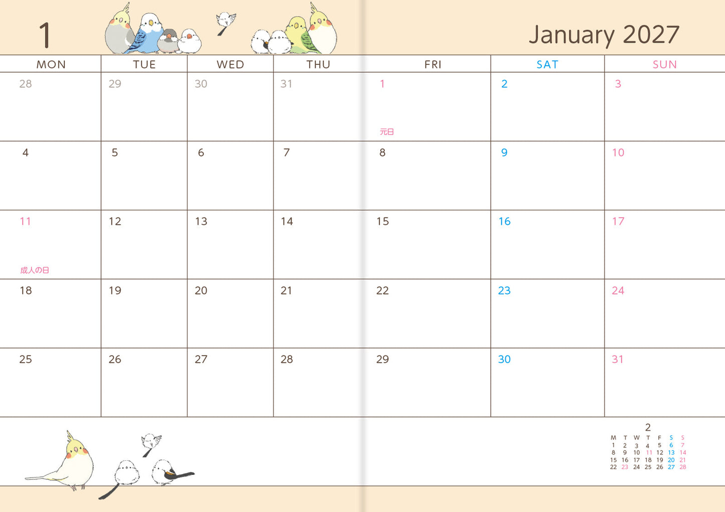 2026 Long-tailed Tit Budgie Java Sparrow Cockatiel Planner Diary Schedule Book A6 size (December 2025 Start)