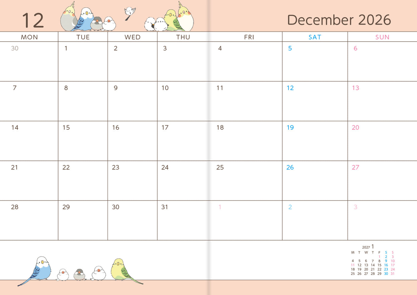 2026 Long-tailed Tit Budgie Java Sparrow Cockatiel Planner Diary Schedule Book A6 size (December 2025 Start)