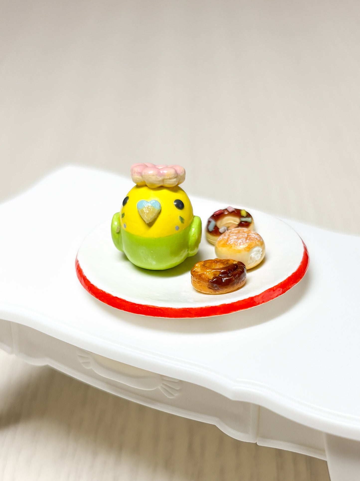 Collectible Miniature Budgie with Donuts