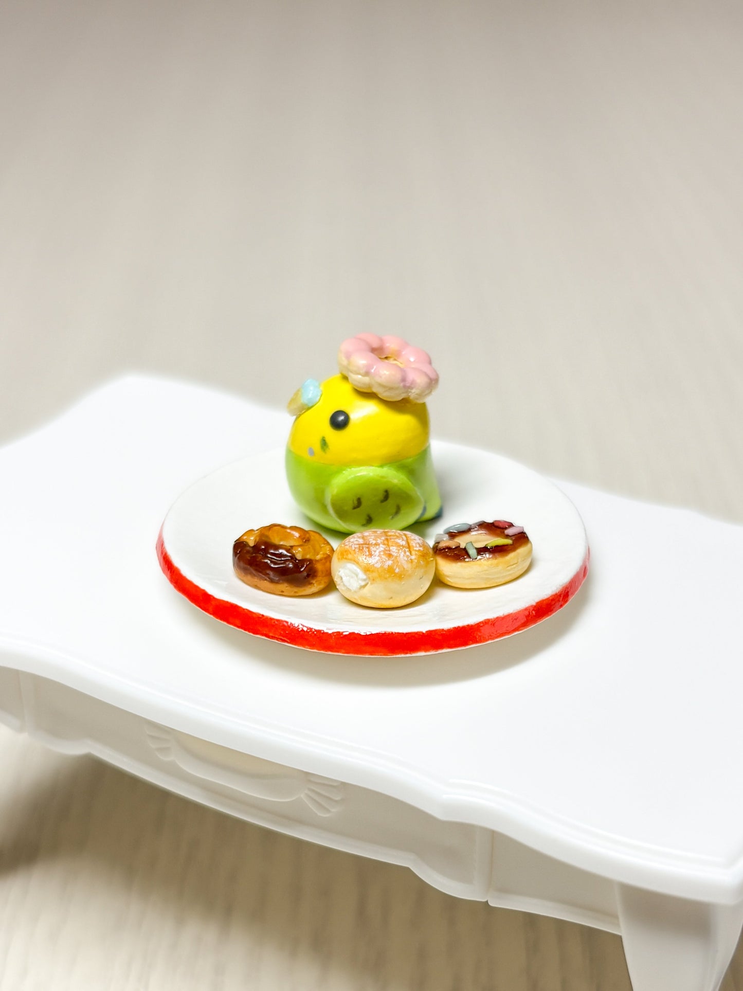 Collectible Miniature Budgie with Donuts