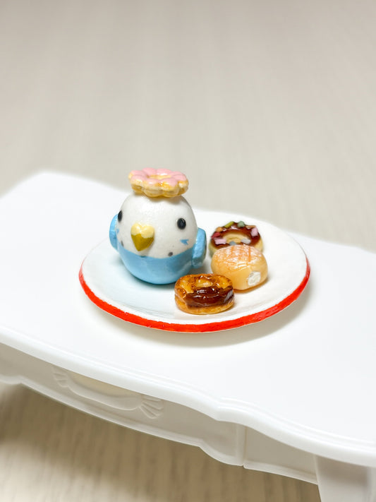 Collectible Miniature Budgie with Donuts