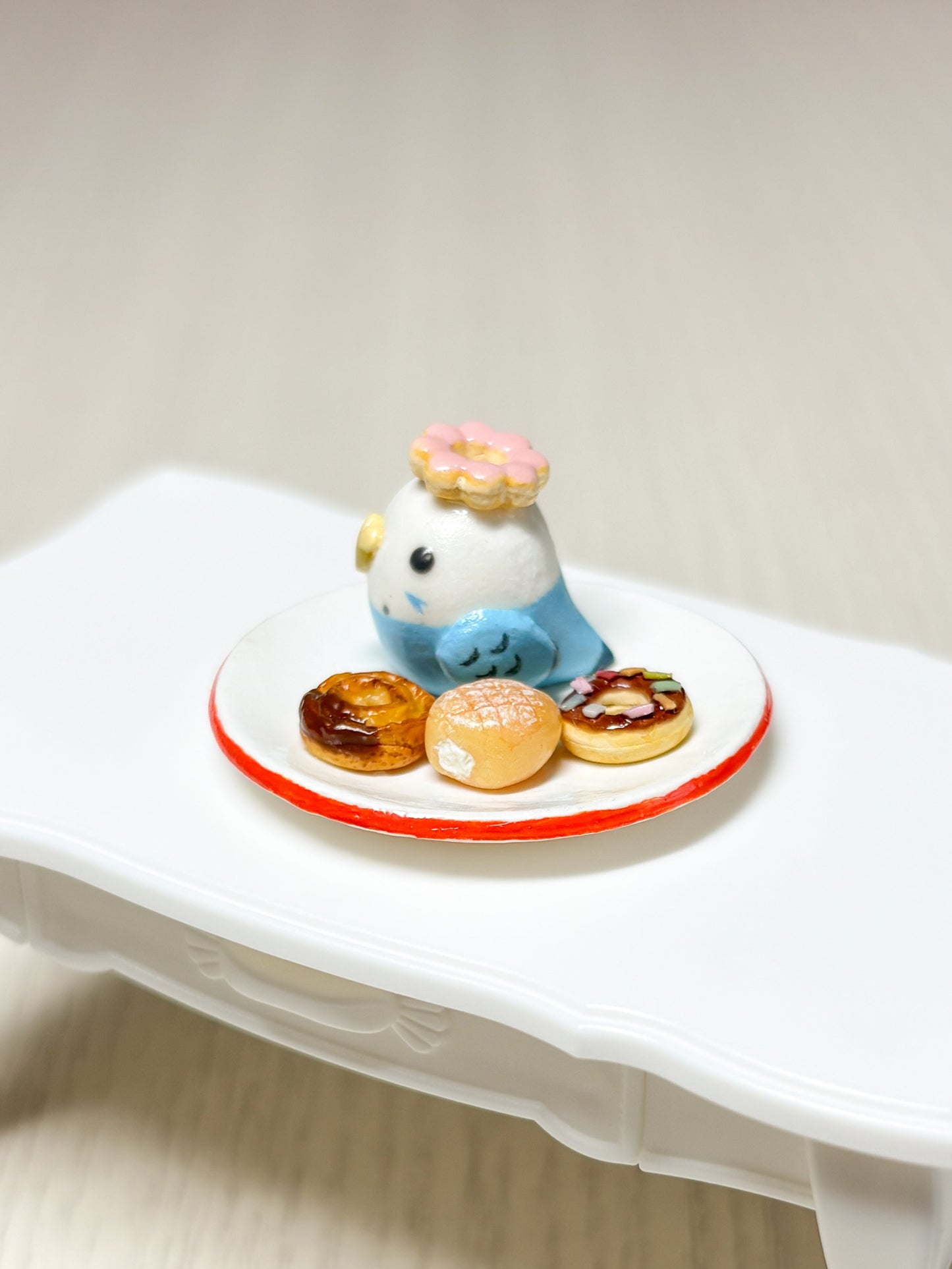 Collectible Miniature Budgie with Donuts