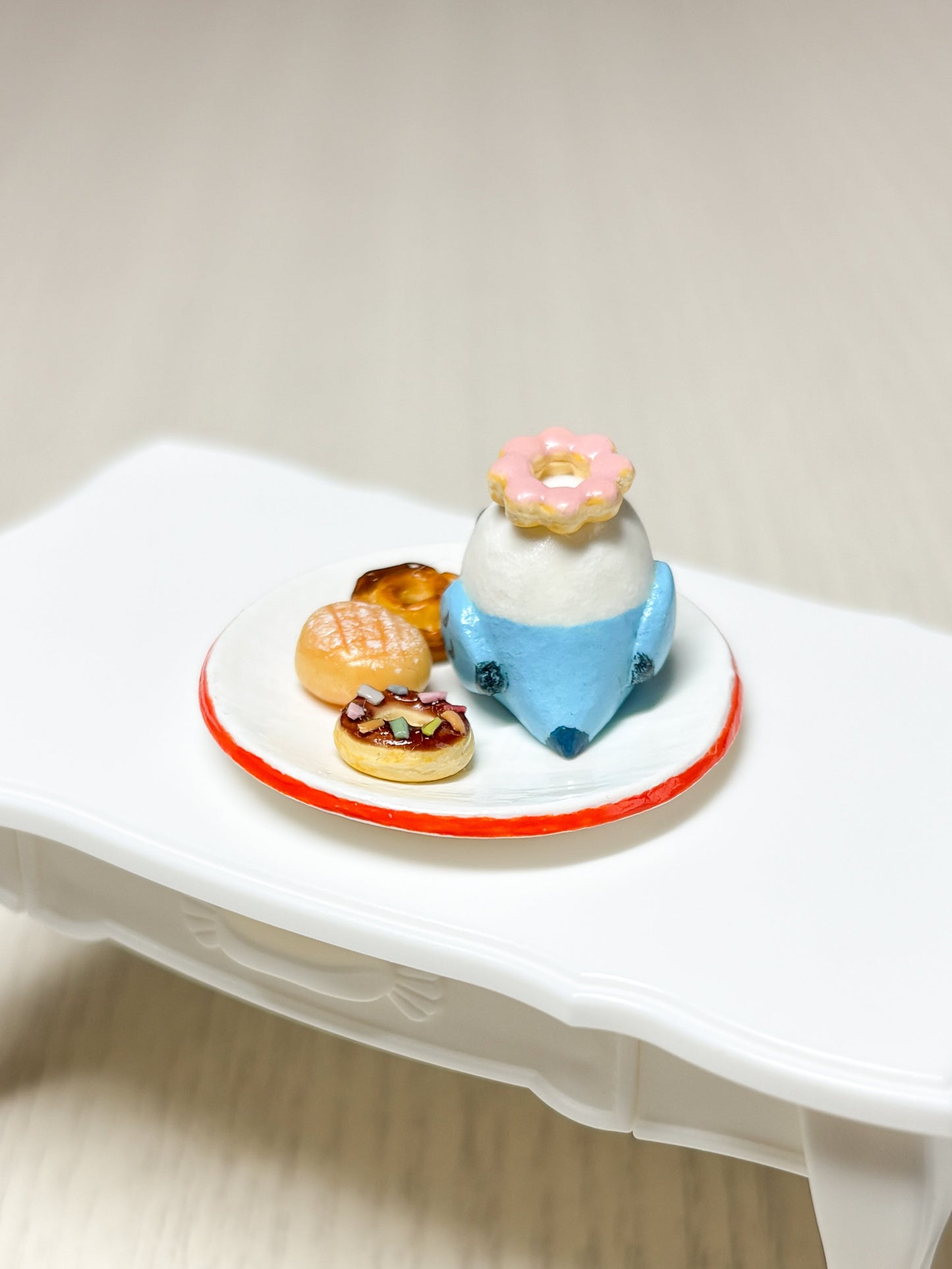 Collectible Miniature Budgie with Donuts