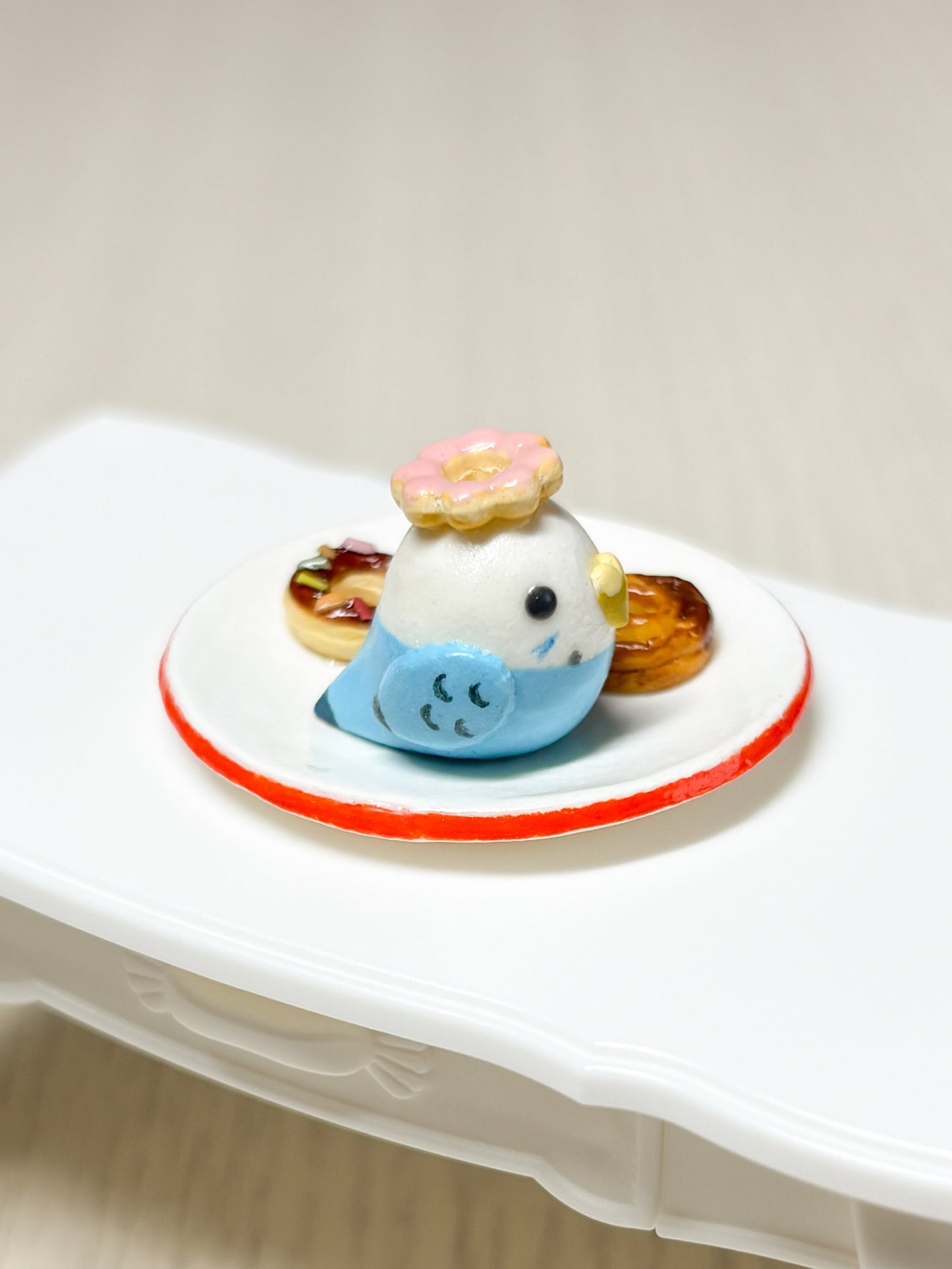 Collectible Miniature Budgie with Donuts