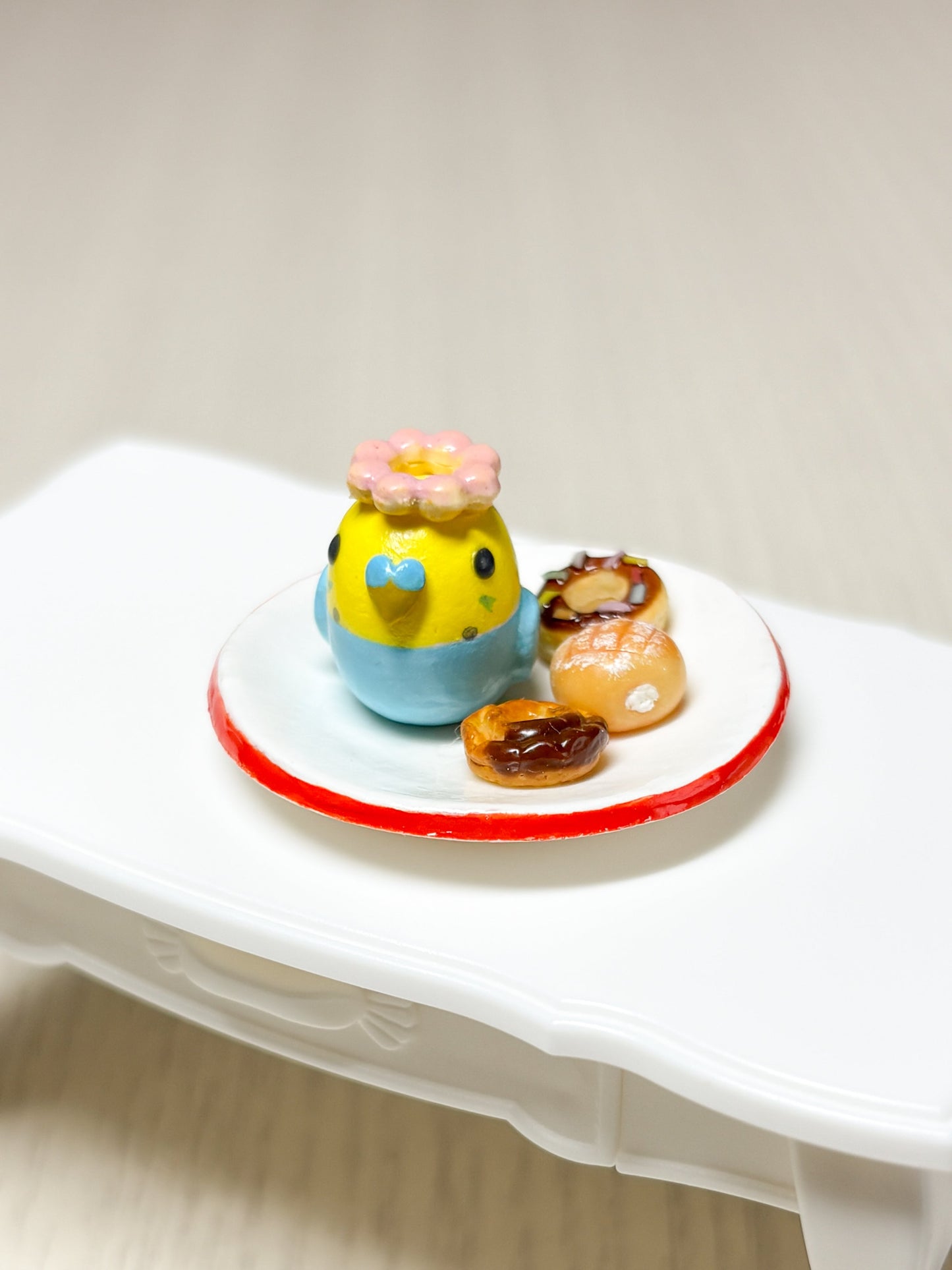 Collectible Miniature Budgie with Donuts