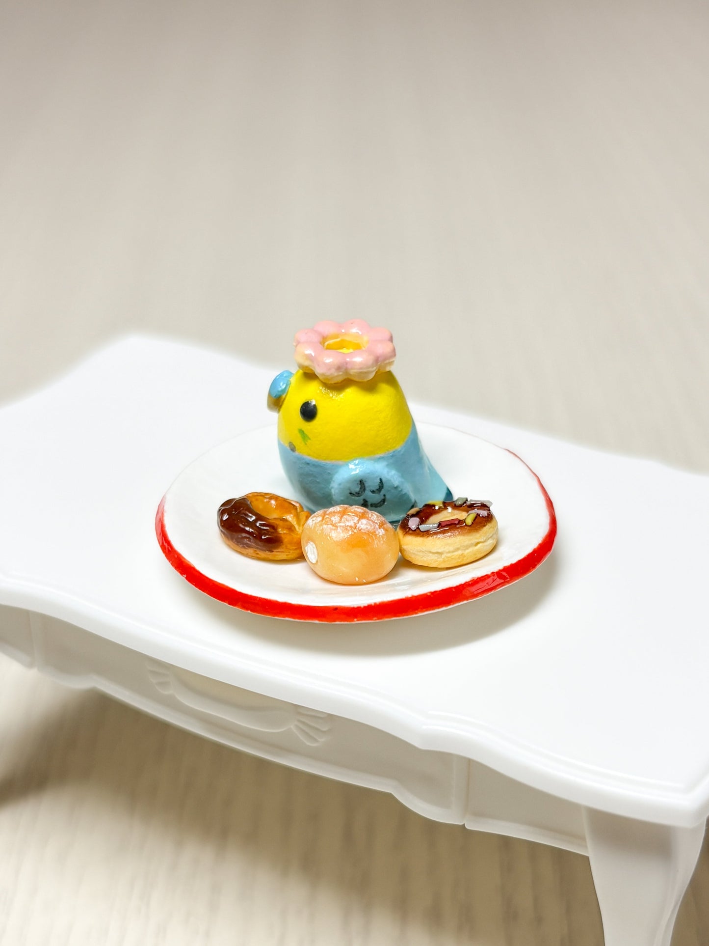 Collectible Miniature Budgie with Donuts