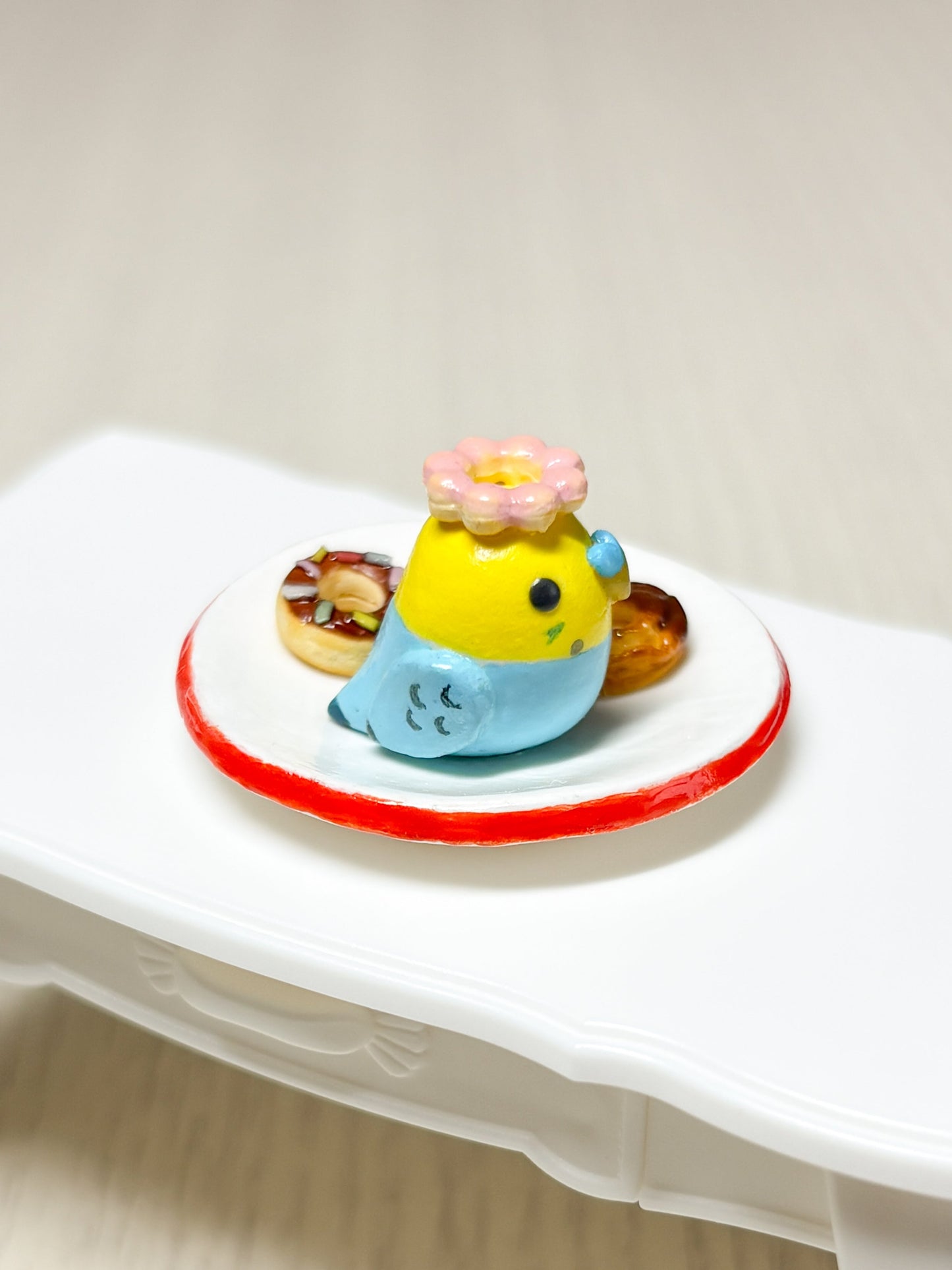 Collectible Miniature Budgie with Donuts