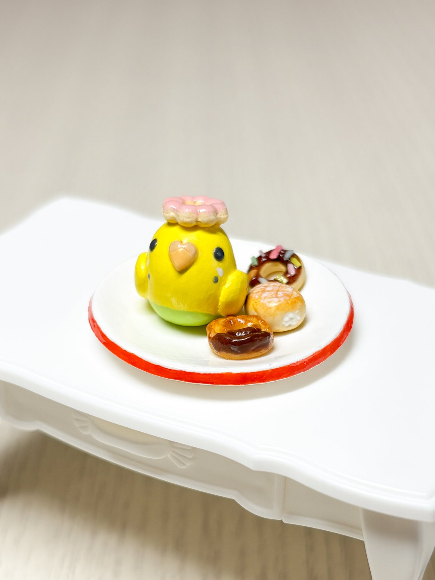Collectible Miniature Budgie with Donuts