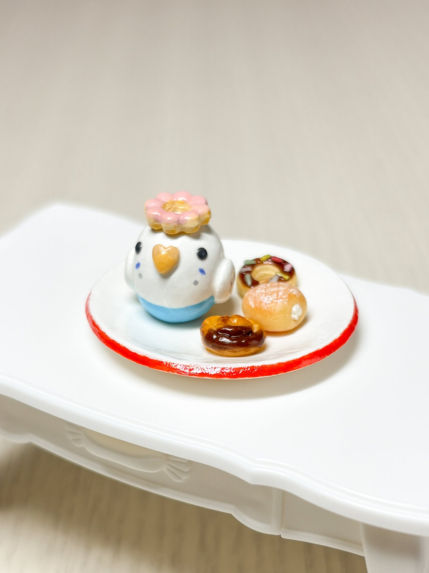 Collectible Miniature Budgie with Donuts