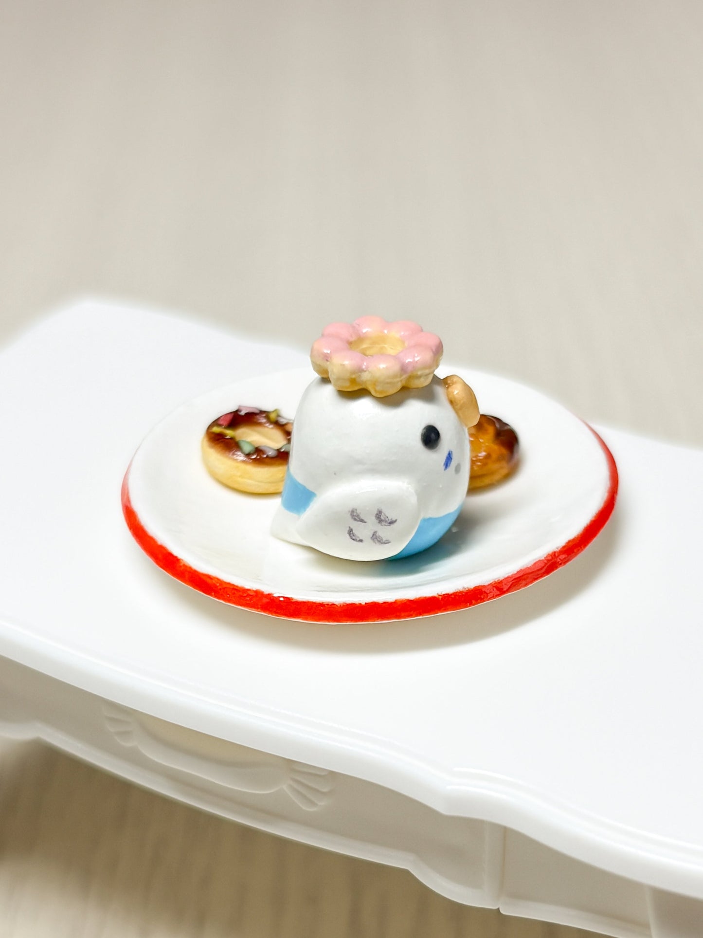 Collectible Miniature Budgie with Donuts