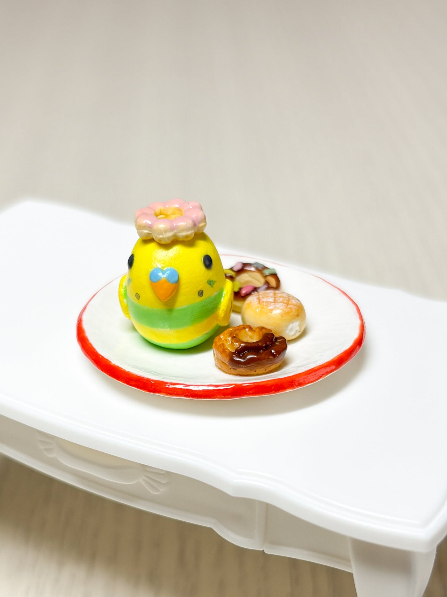 Collectible Miniature Budgie with Donuts