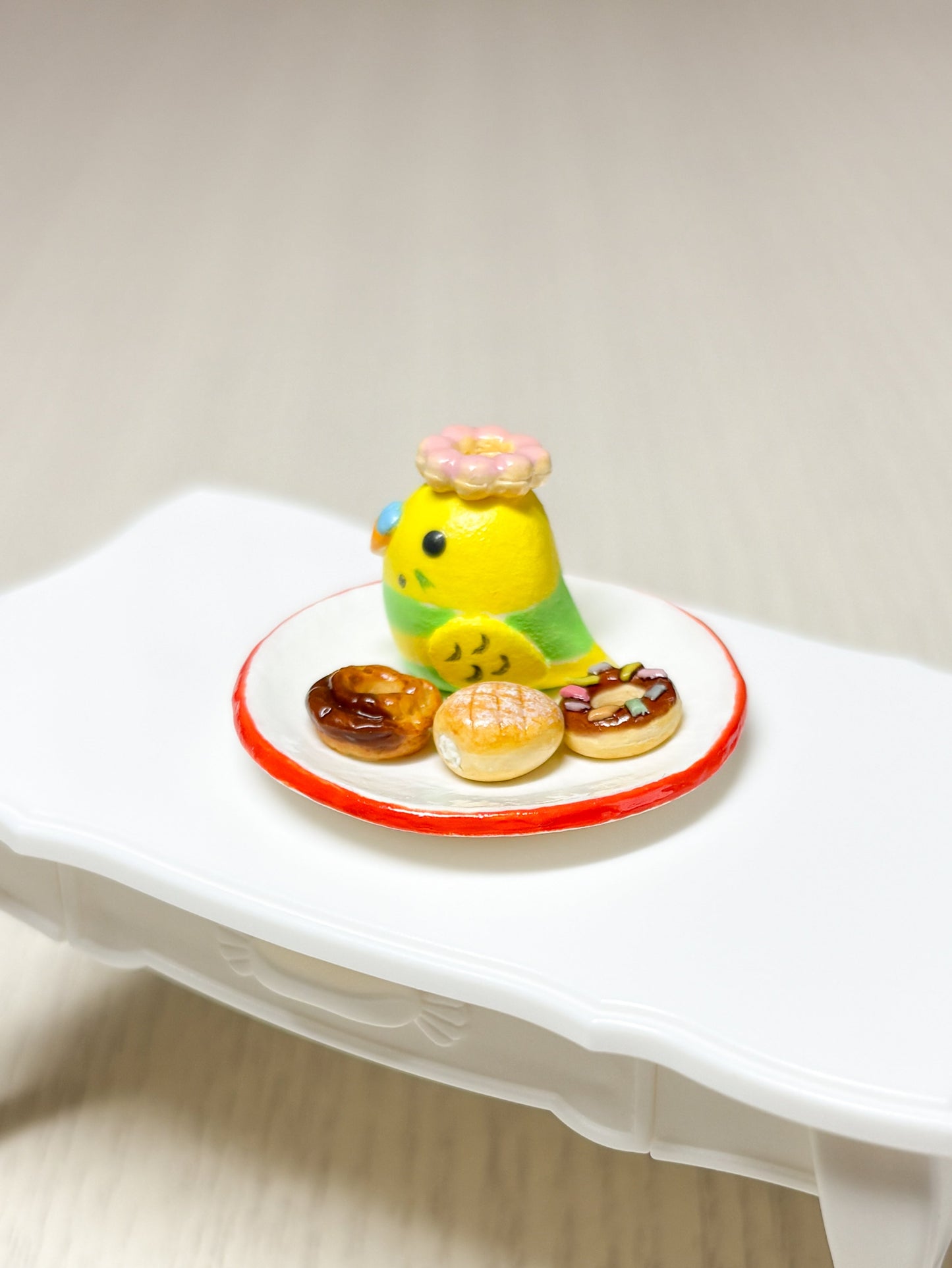 Collectible Miniature Budgie with Donuts
