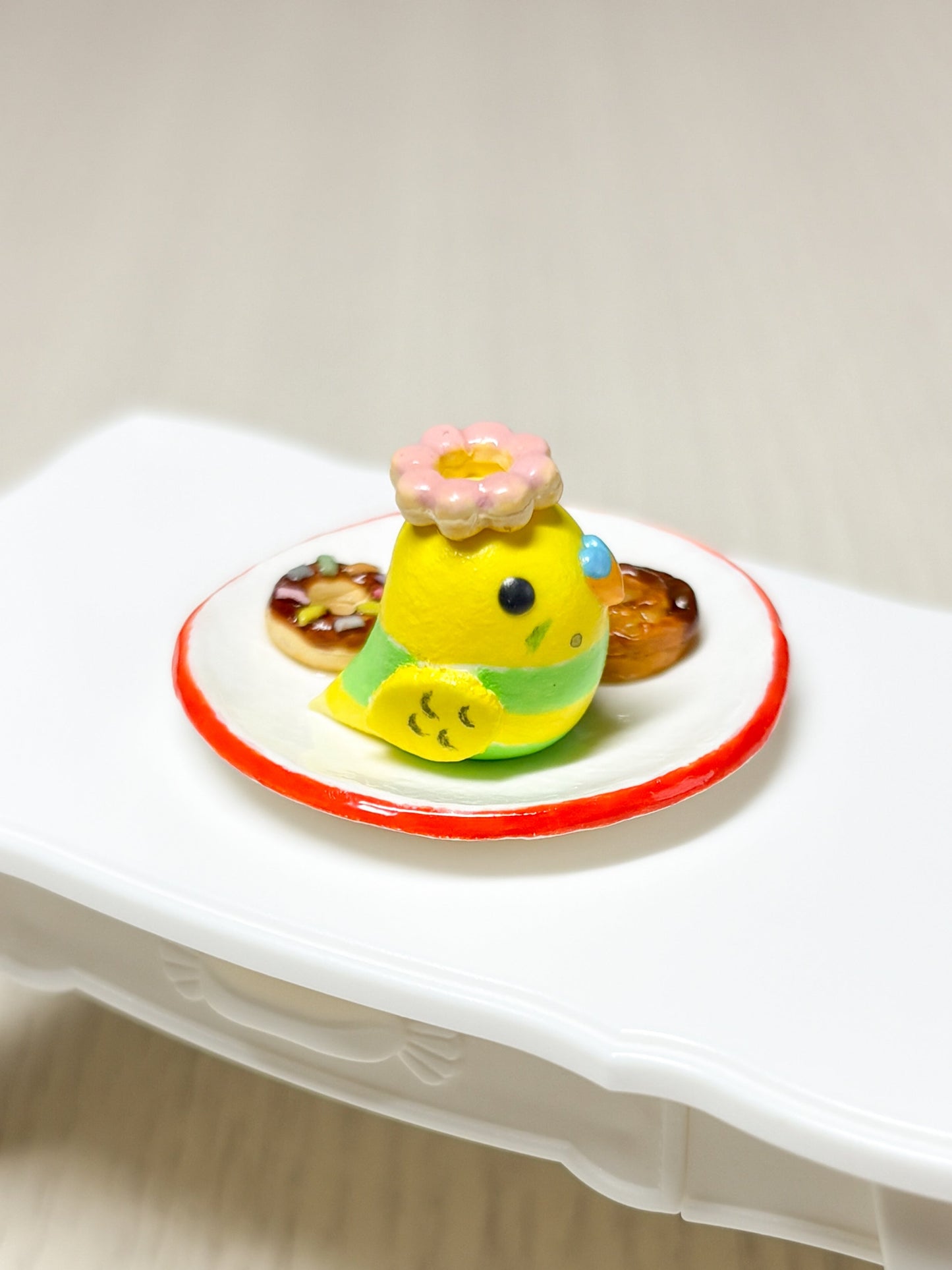Collectible Miniature Budgie with Donuts