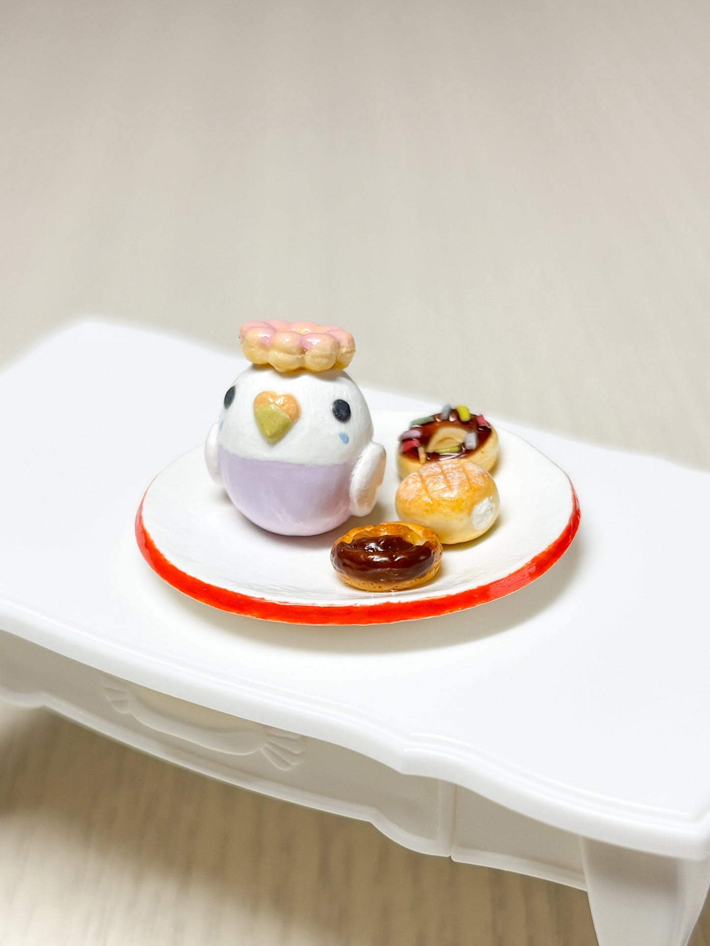 Collectible Miniature Budgie with Donuts