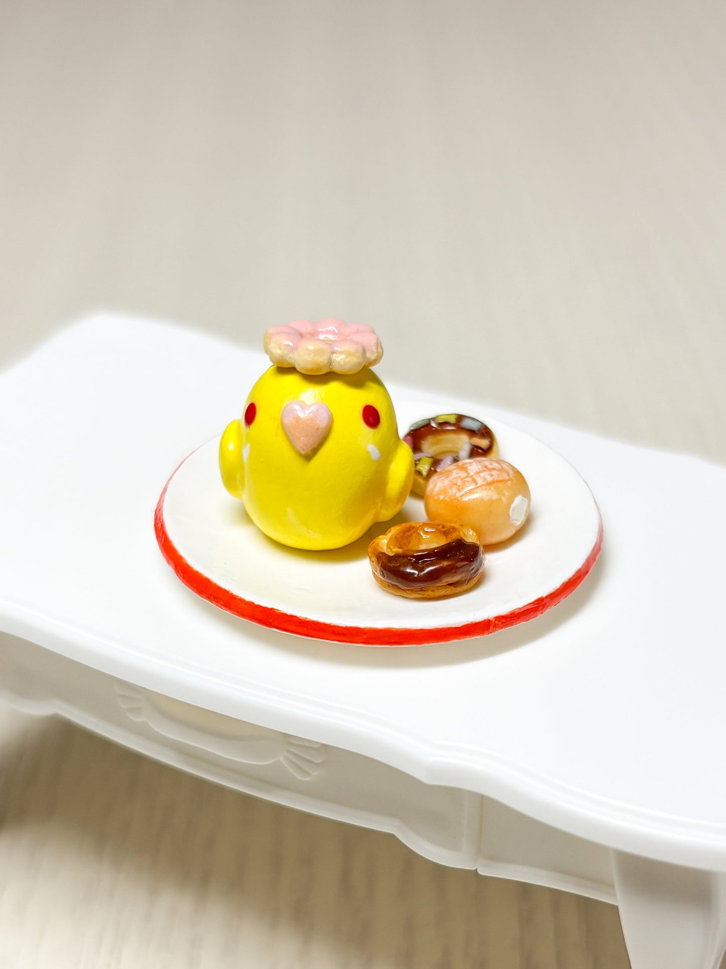 Collectible Miniature Budgie with Donuts