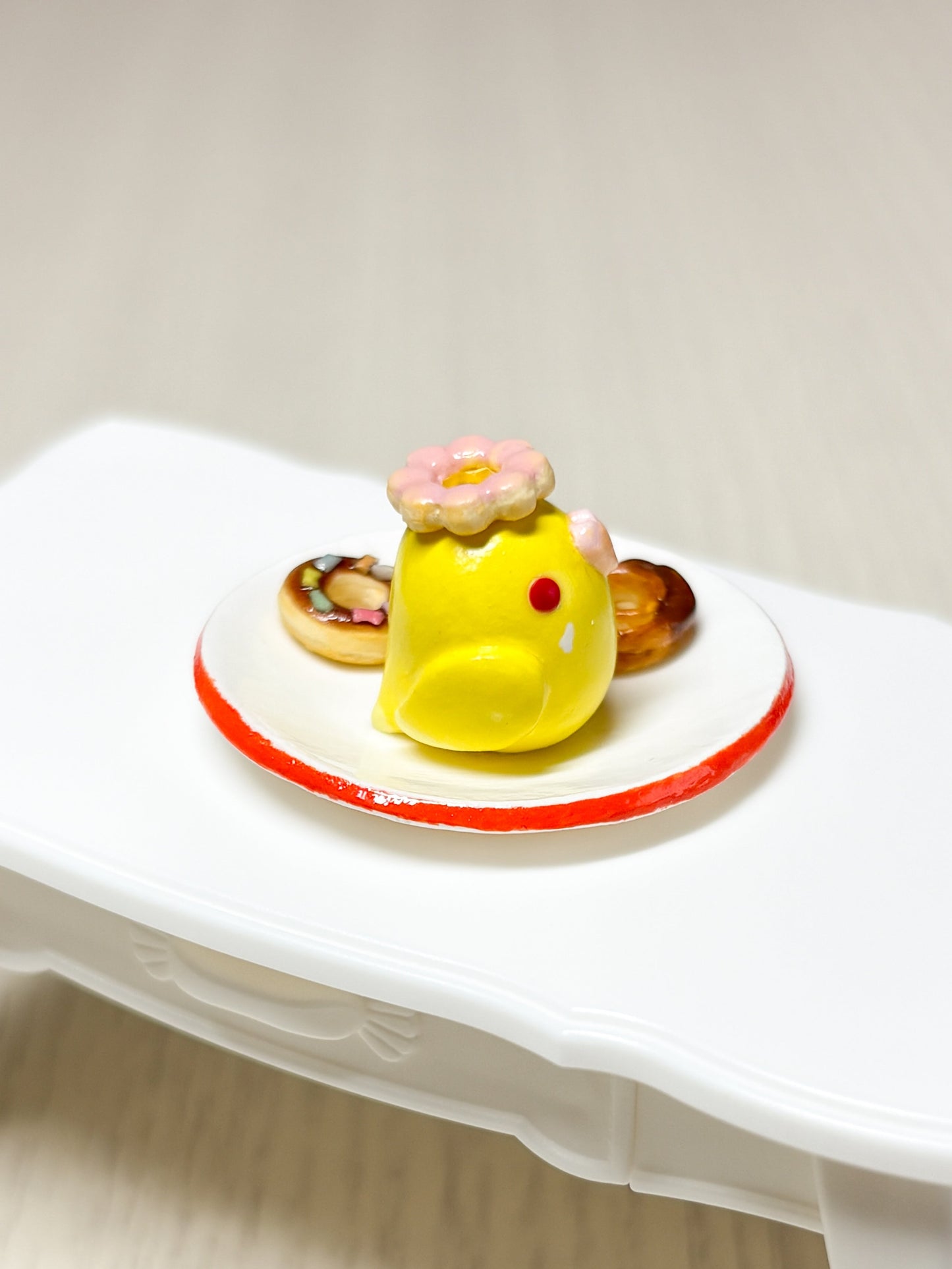 Collectible Miniature Budgie with Donuts