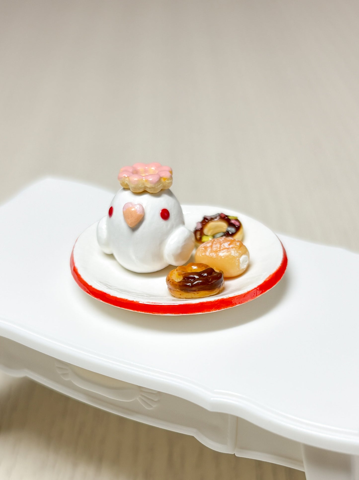 Collectible Miniature Budgie with Donuts
