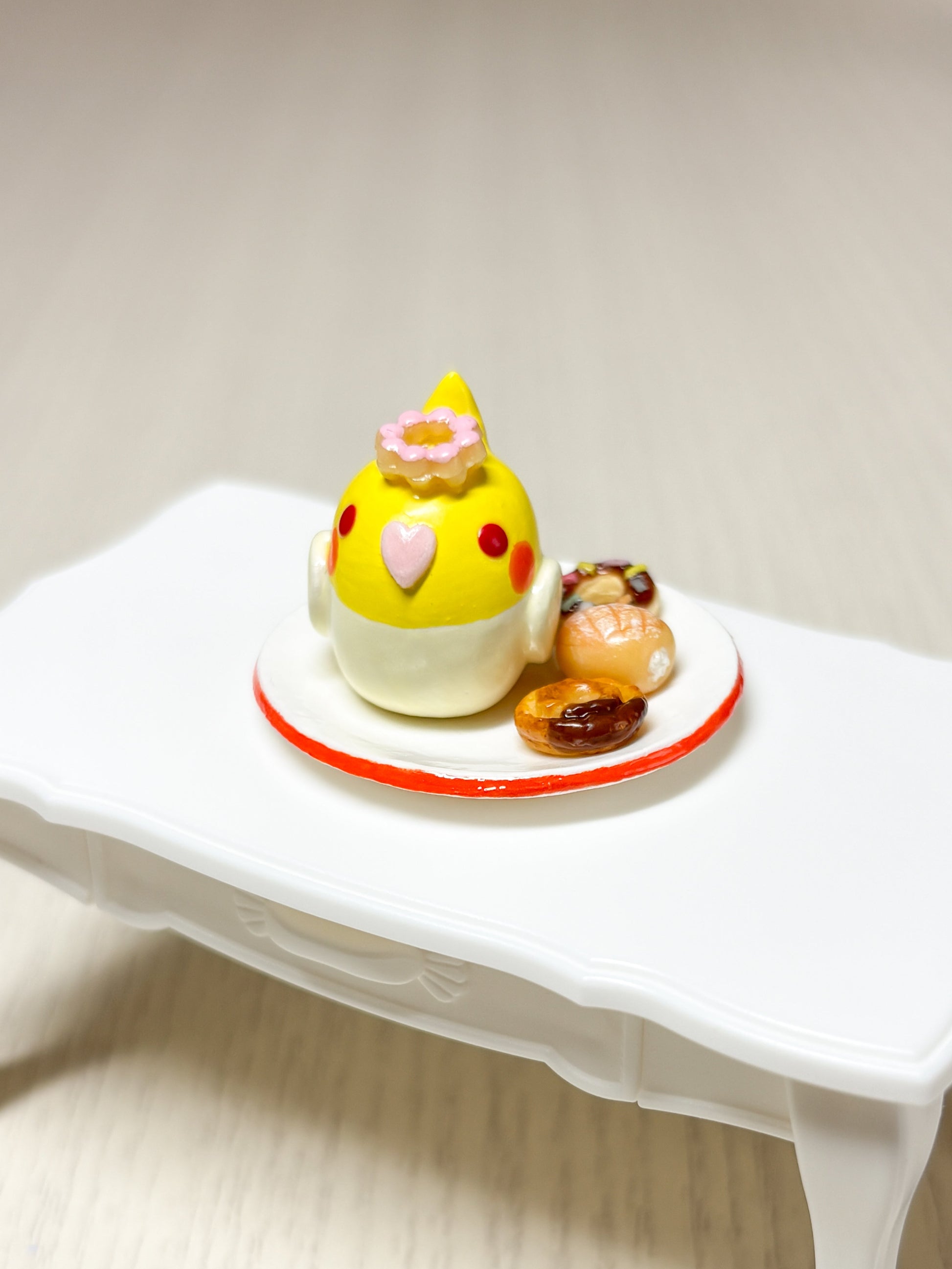 Collectible Miniature Cockatiel with Donuts - Sweet Birdie Boutique International