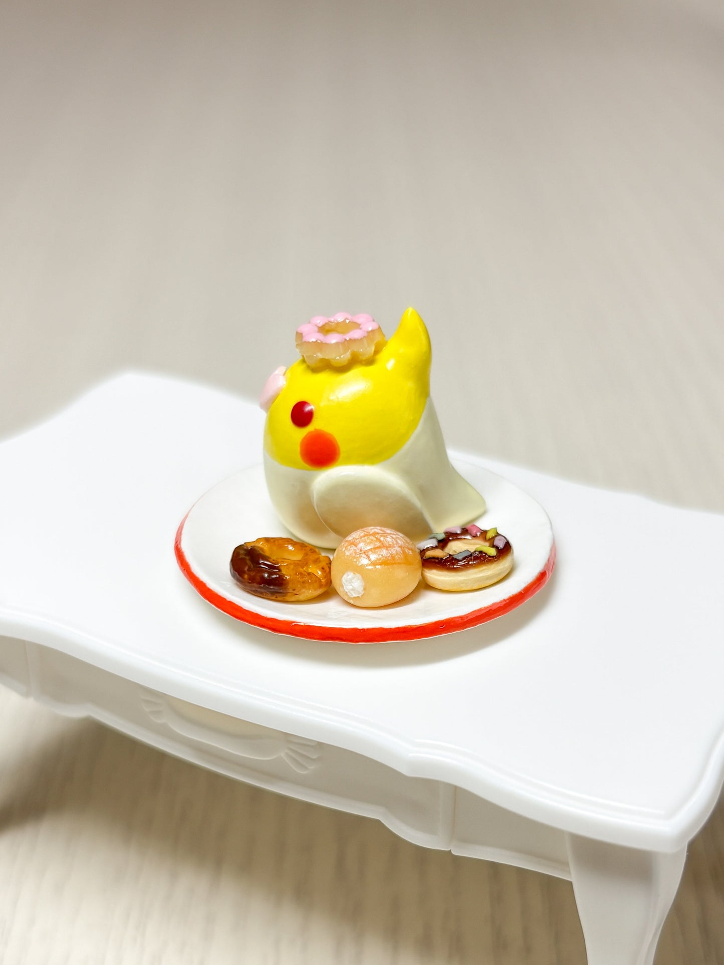 Collectible Miniature Cockatiel with Donuts - Sweet Birdie Boutique International