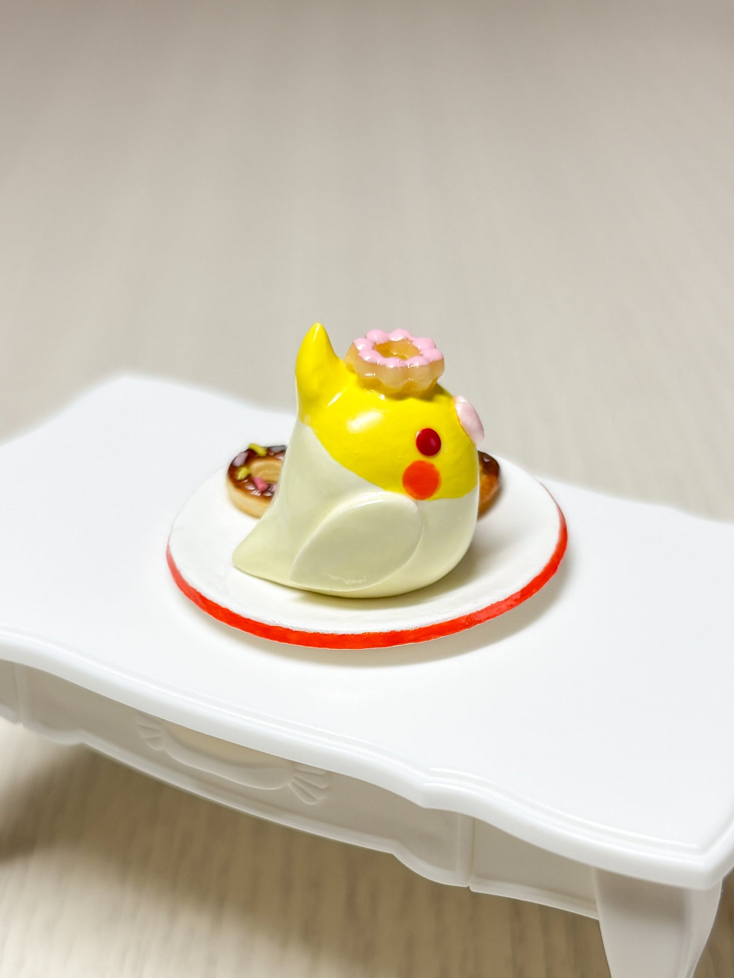 Collectible Miniature Cockatiel with Donuts - Sweet Birdie Boutique International
