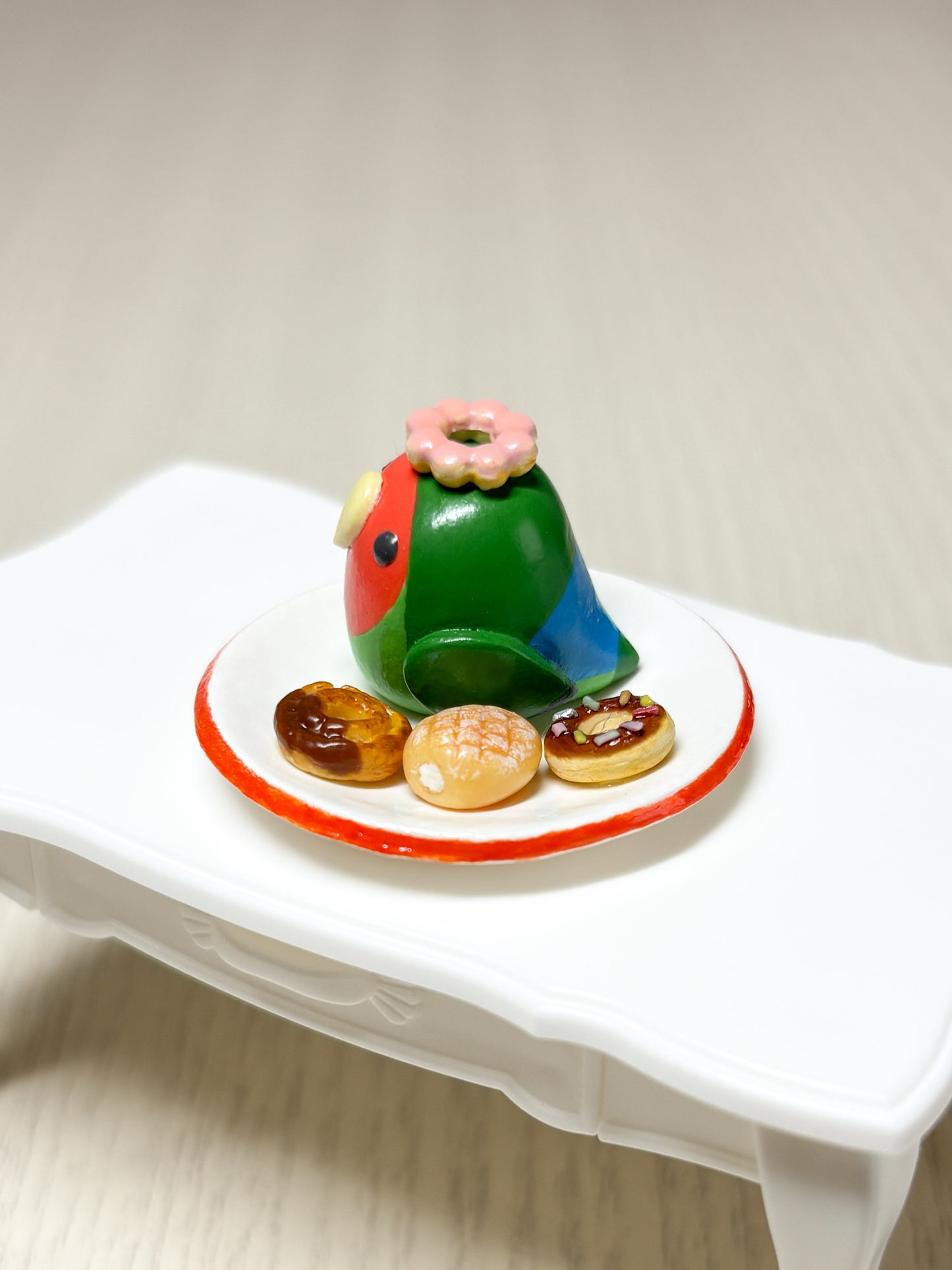 Collectible Miniature Lovebird with Donuts