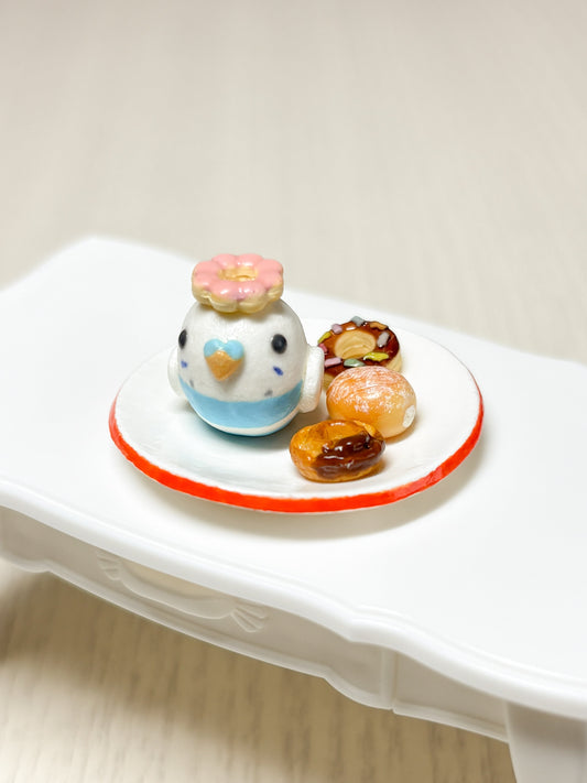 Collectible Miniature Budgie with Donuts