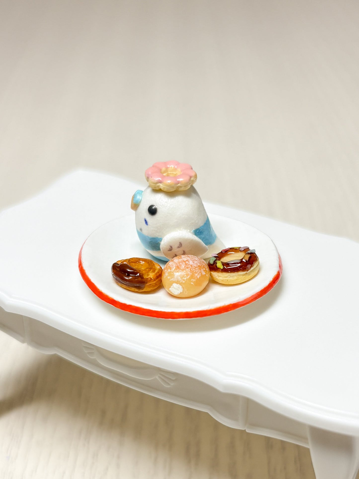 Collectible Miniature Budgie with Donuts