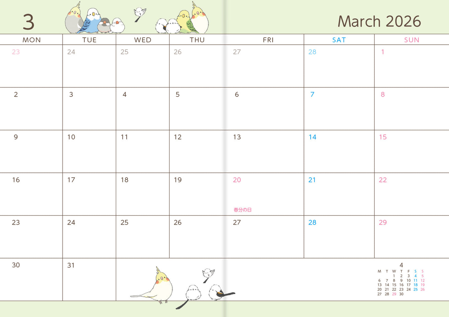 2026 Long-tailed Tit Budgie Java Sparrow Cockatiel Planner Diary Schedule Book A6 size (December 2025 Start)