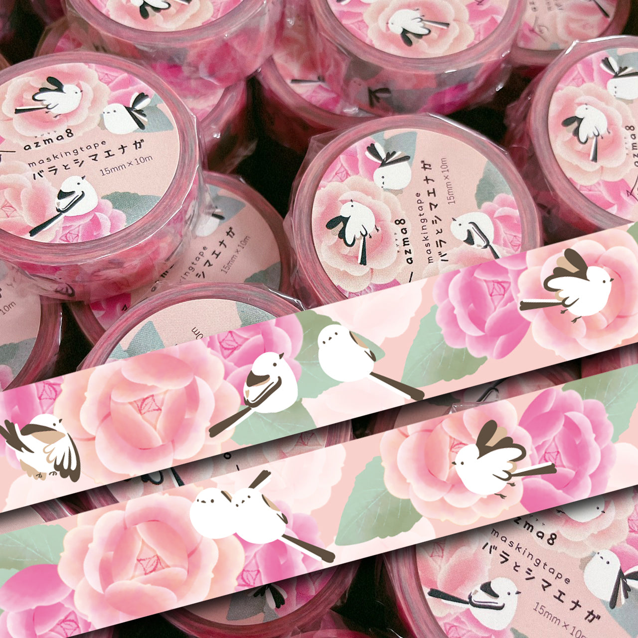 Long-tailed Tit Rose Japanese Washi Tape Masking Tape