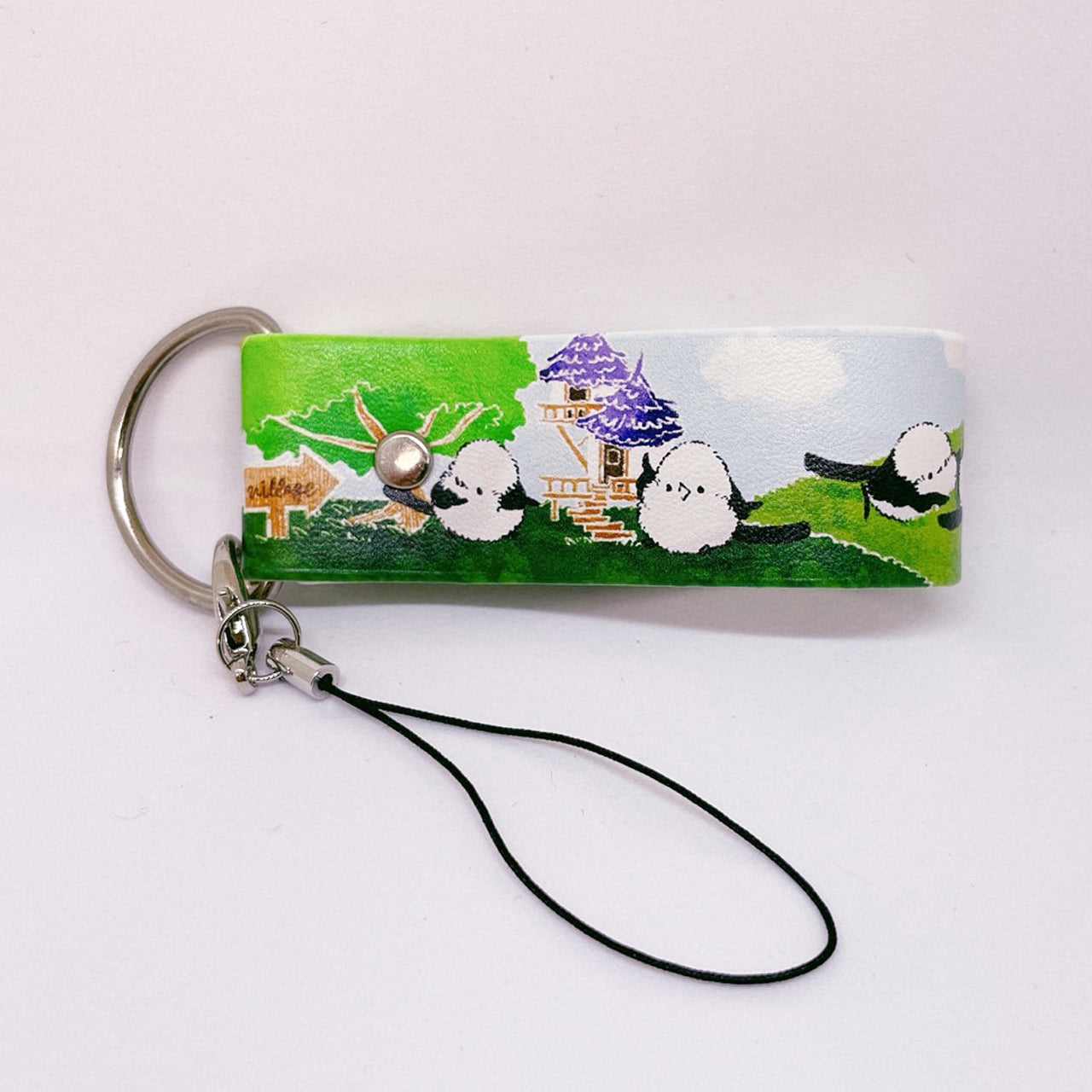 Long-tailed Tit Strolling PU Leather Keychain Strap