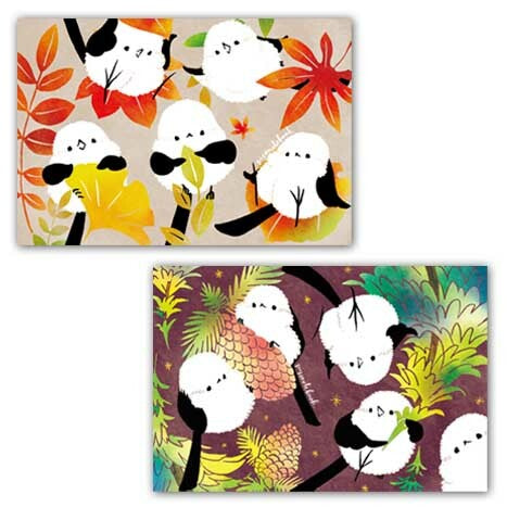Long-tailed Tits & Hokkaido Wildflowers Postcards Autumn & Winter Set of 5